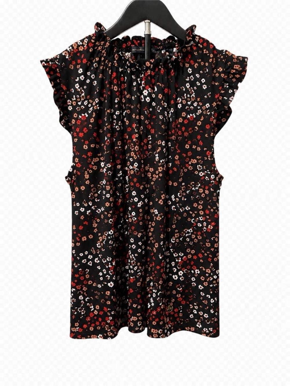 Adrienne Vittadini Black Floral Ruffle Cap-Sleeve Top